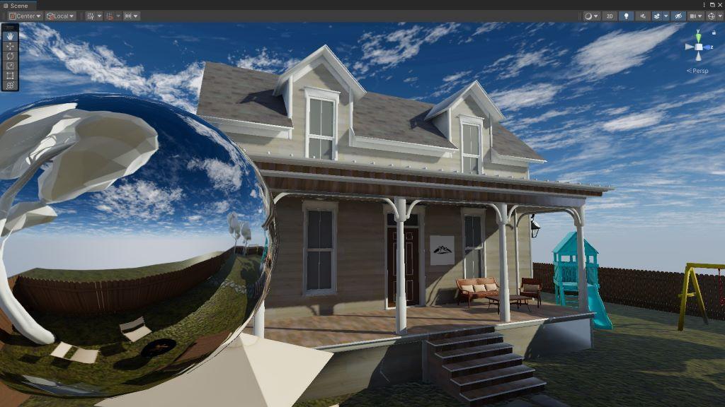 A reflection probe near a house in Unity.