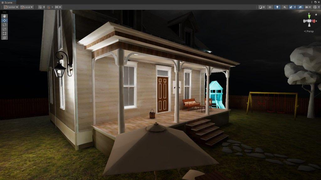 An illuminated backyard scene in Unity.
