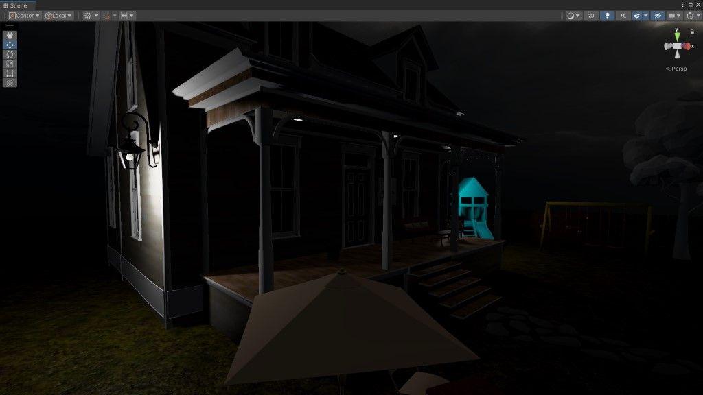 A dark backyard scene in Unity.