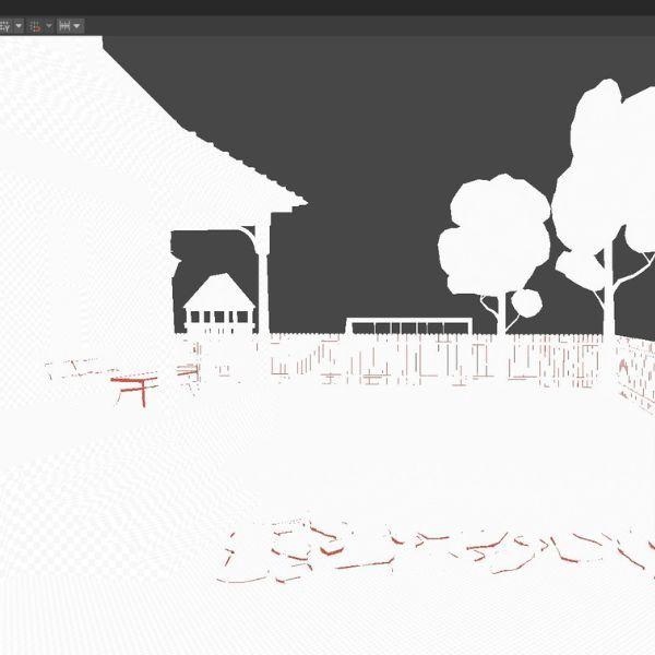 A white silhouette of a backyard in Unity.