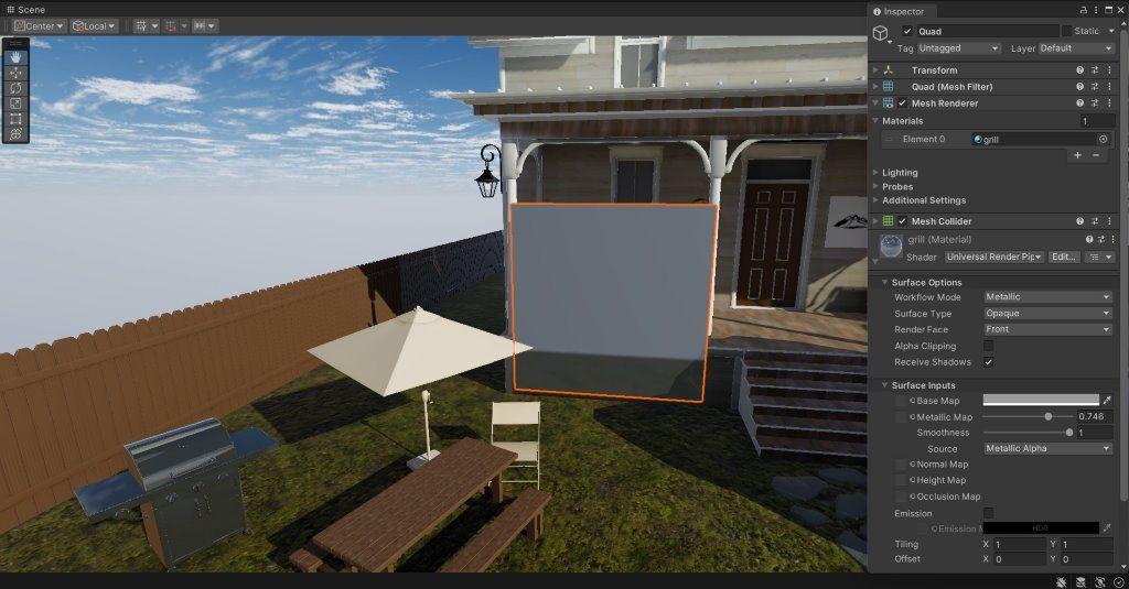 A backyard with an umbrella and large reflective surface in Unity.