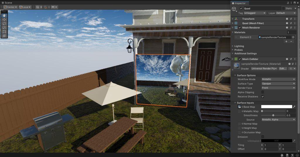 A backyard with an umbrella and large mirror.