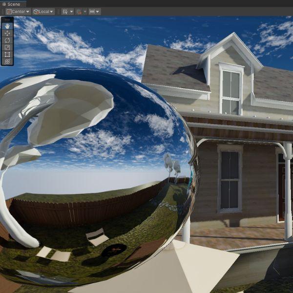 A reflection probe in front of a house in Unity.